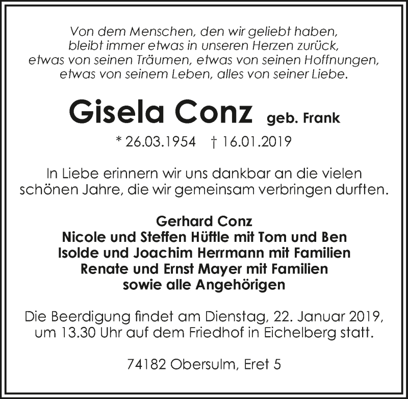  Traueranzeige für Gisela Conz vom 19.01.2019 aus 