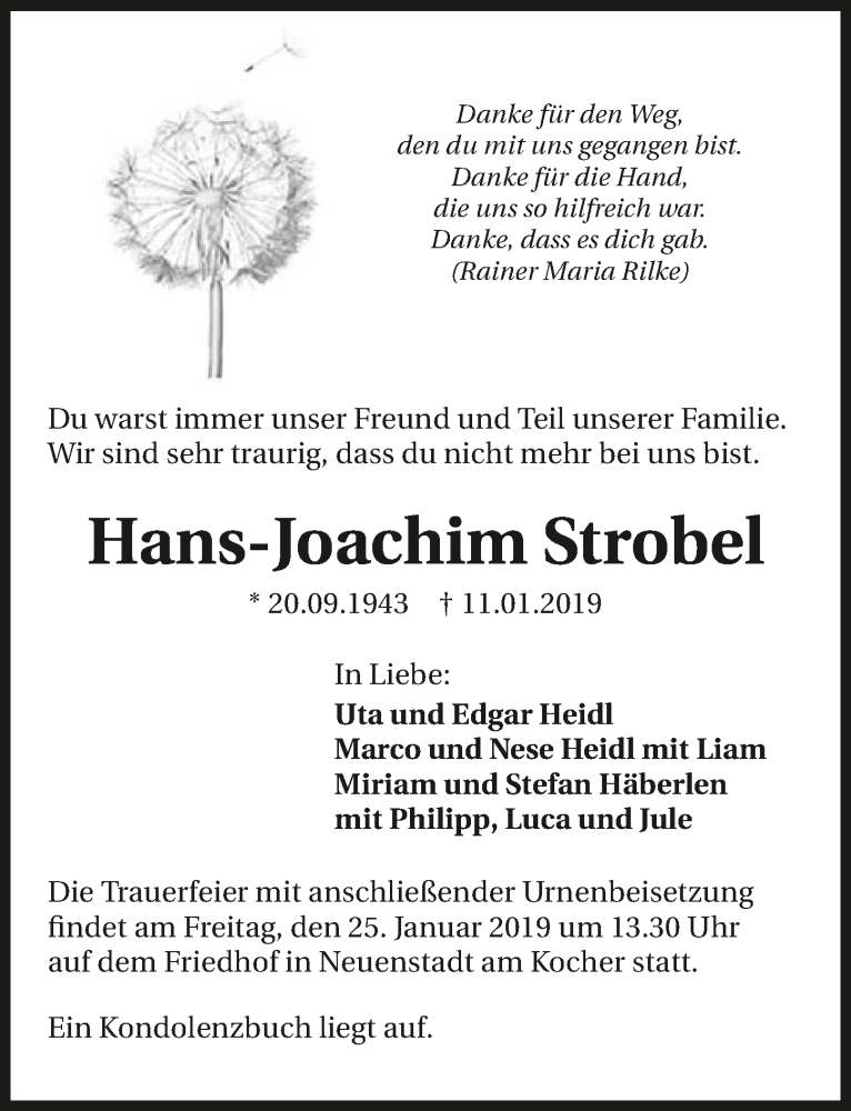  Traueranzeige für Hans-Joachim Strobel vom 19.01.2019 aus 