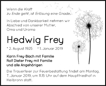 Traueranzeige von Hedwig Frey 