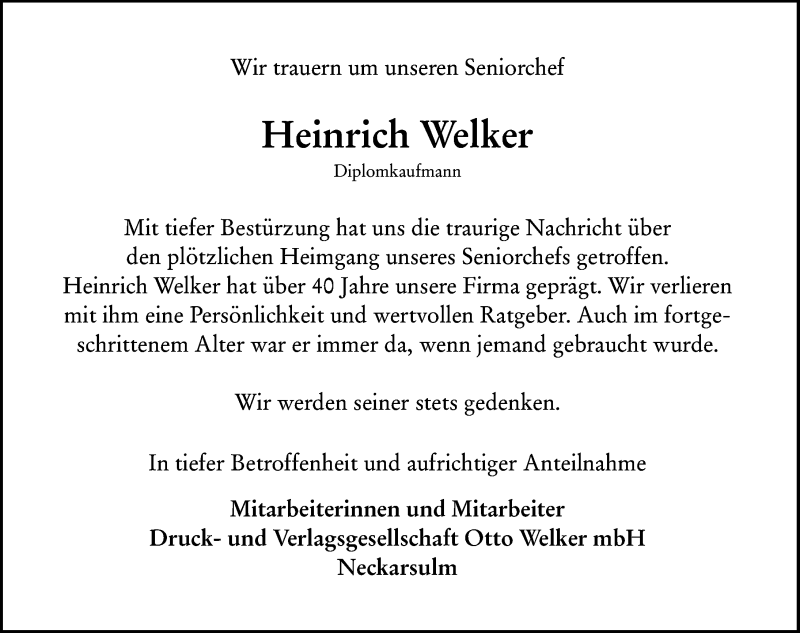  Traueranzeige für Heinrich Welker vom 12.01.2019 aus 