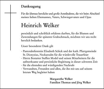 Traueranzeige von Heinrich Welker