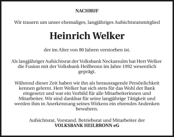 Traueranzeige von Heinrich Welker