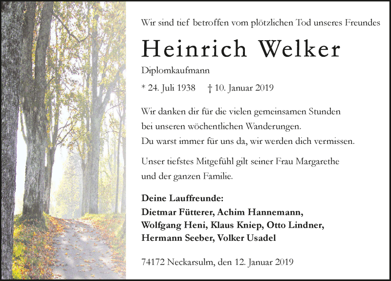  Traueranzeige für Heinrich Welker vom 12.01.2019 aus 