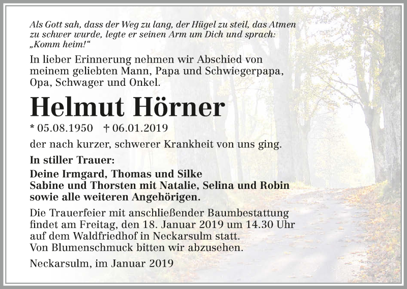  Traueranzeige für Helmut Hörner vom 12.01.2019 aus 
