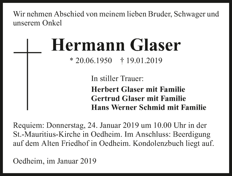  Traueranzeige für Hermann Glaser vom 22.01.2019 aus 
