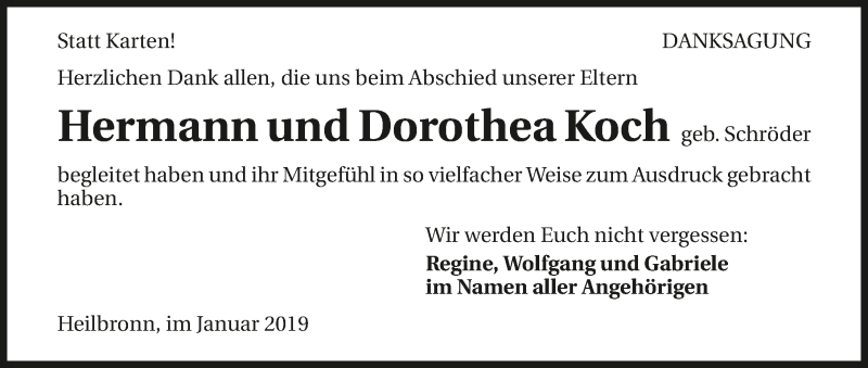  Traueranzeige für Hermann und Dorothea Koch vom 12.01.2019 aus 