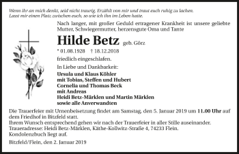 Traueranzeige von Hilde Betz 