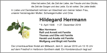 Traueranzeige von Hildegard Herrmann
