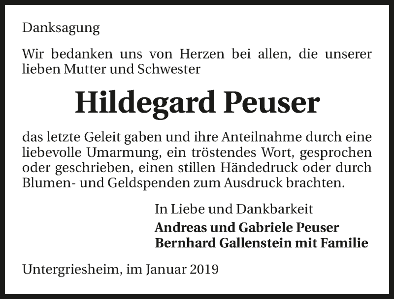  Traueranzeige für Hildegard Peuser vom 12.01.2019 aus 