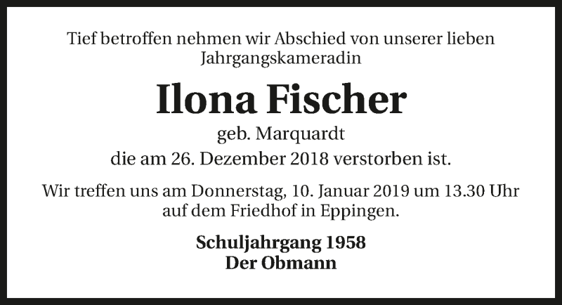  Traueranzeige für Ilona Fischer vom 08.01.2019 aus 