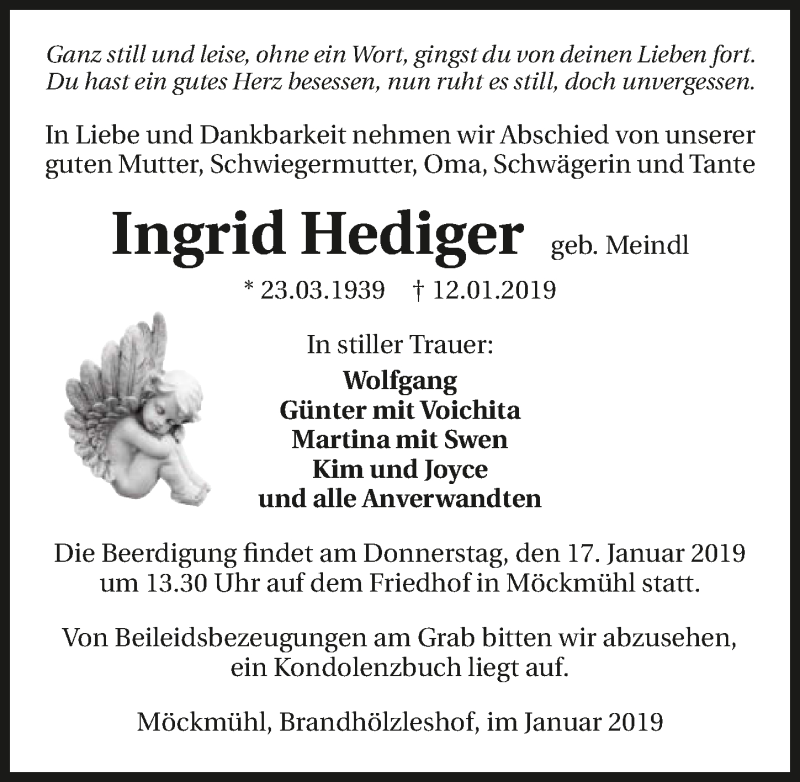  Traueranzeige für Ingrid Hedinger vom 15.01.2019 aus 