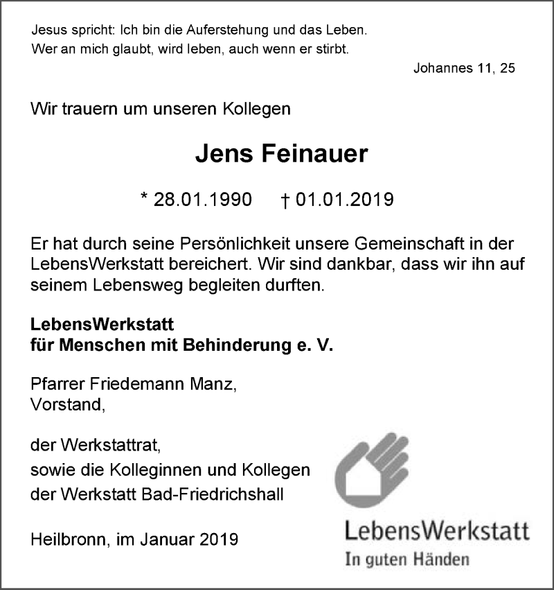  Traueranzeige für Jens Feinauer vom 12.01.2019 aus 