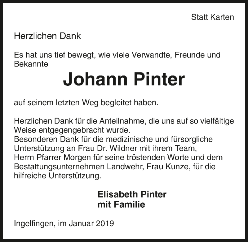  Traueranzeige für Johann Pinter vom 02.01.2019 aus 