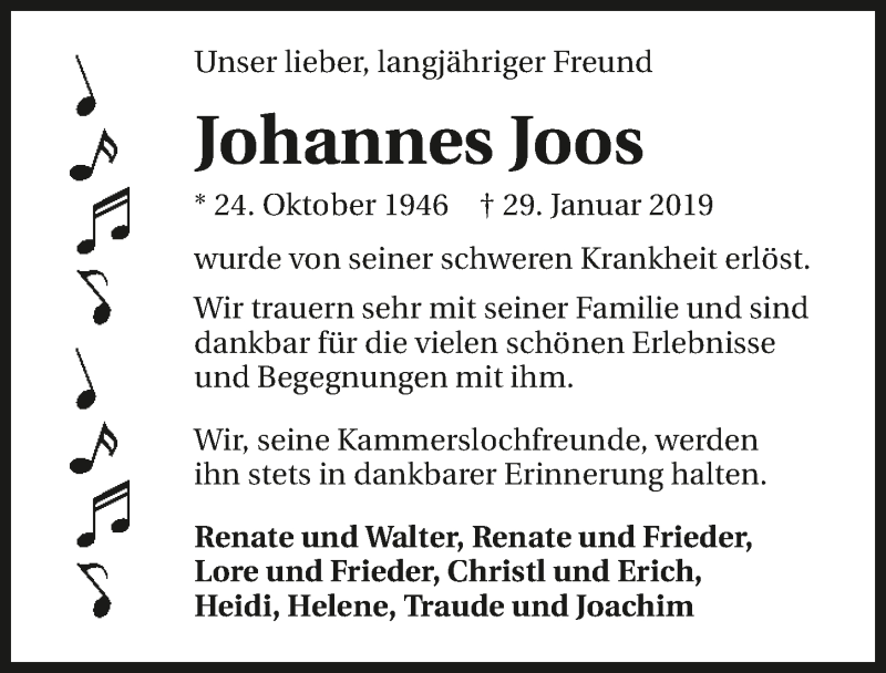  Traueranzeige für Johannes Joos vom 31.01.2019 aus 