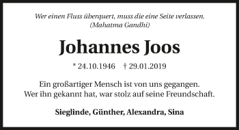 Traueranzeige von Johannes Joos 