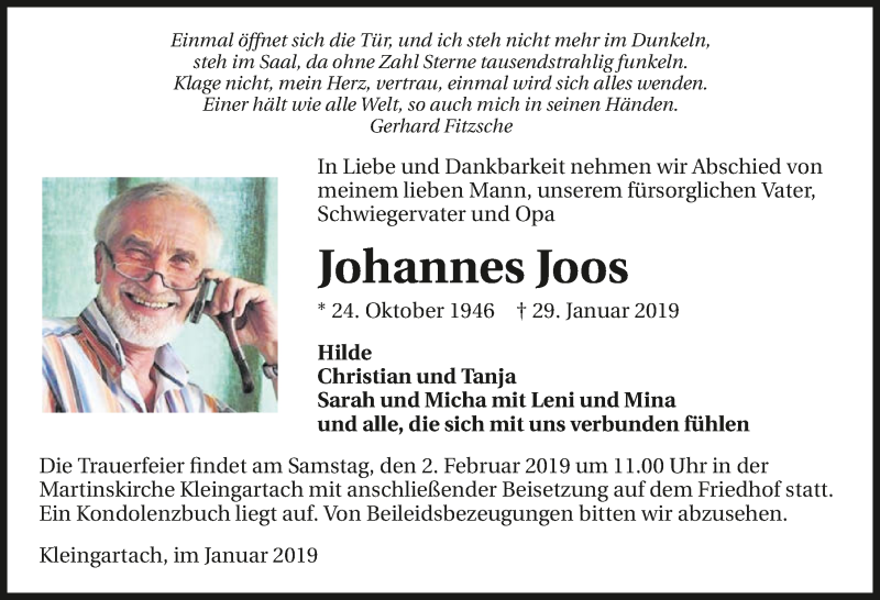  Traueranzeige für Johannes Joos vom 31.01.2019 aus 