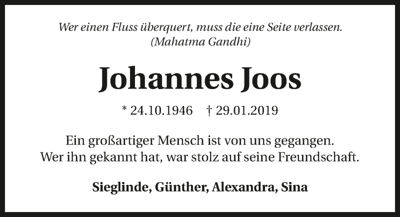  Traueranzeige für Johannes Joos vom 01.02.2019 aus 