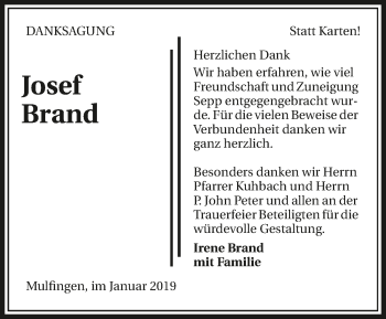 Traueranzeige von Josef Brand 