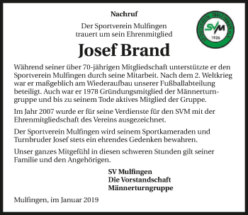 Traueranzeige von Josef Brand 