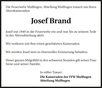 Traueranzeige von Josef Brand 