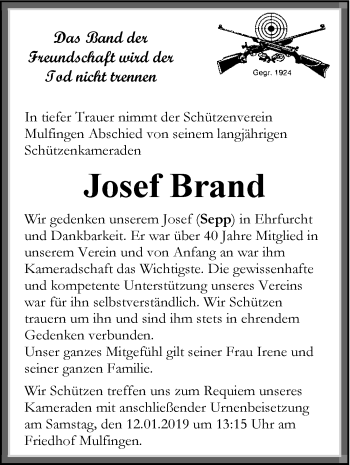 Traueranzeige von Josef Brand 
