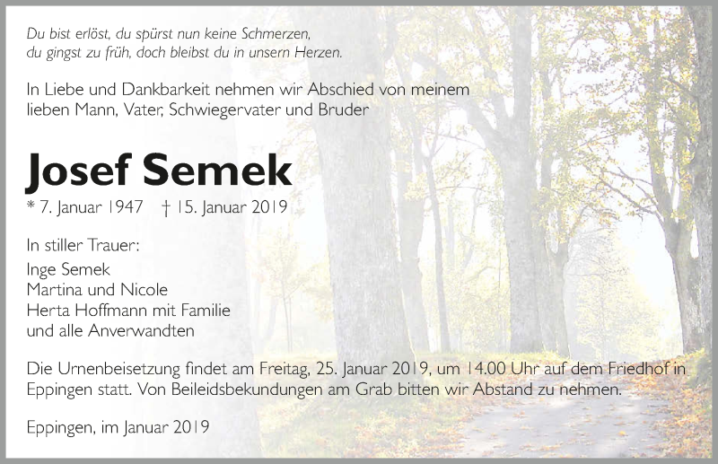  Traueranzeige für Josef Semek vom 19.01.2019 aus 