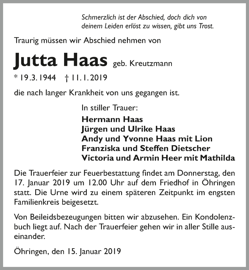  Traueranzeige für Jutta Haas vom 15.01.2019 aus 