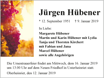 Traueranzeige von Jürgen Hübener 