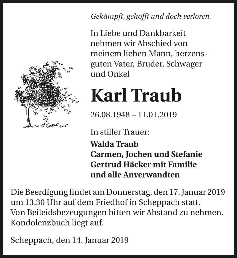  Traueranzeige für Karl Traub vom 14.01.2019 aus 