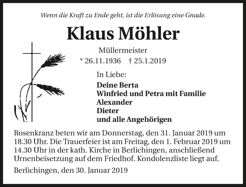  Traueranzeige für Klaus Möhler vom 30.01.2019 aus 