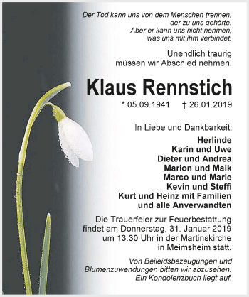 Traueranzeige von Klaus Rennstich 