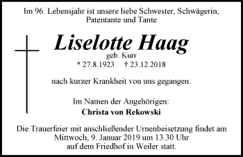 Traueranzeige von Liselotte Haag 