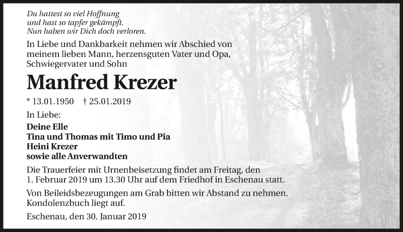  Traueranzeige für Manfred Krezer vom 30.01.2019 aus 