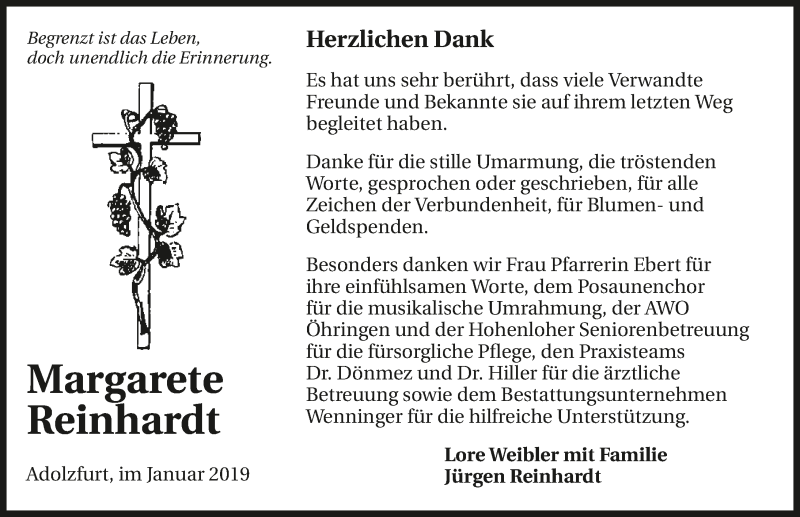  Traueranzeige für Margarete Reinhardt vom 05.01.2019 aus 