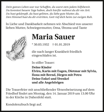 Traueranzeige von Maria Sauer 