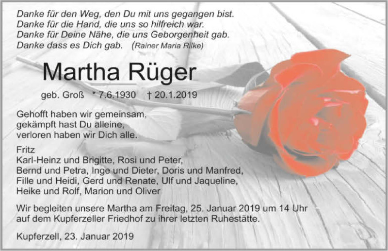  Traueranzeige für Martha Rüger vom 23.01.2019 aus 