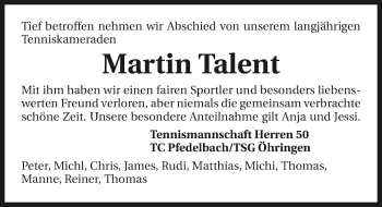 Traueranzeige von Martin Talent 