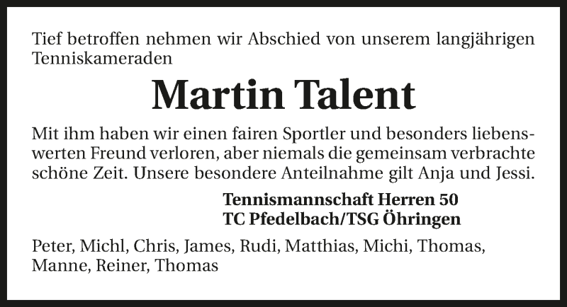  Traueranzeige für Martin Talent vom 08.01.2019 aus 