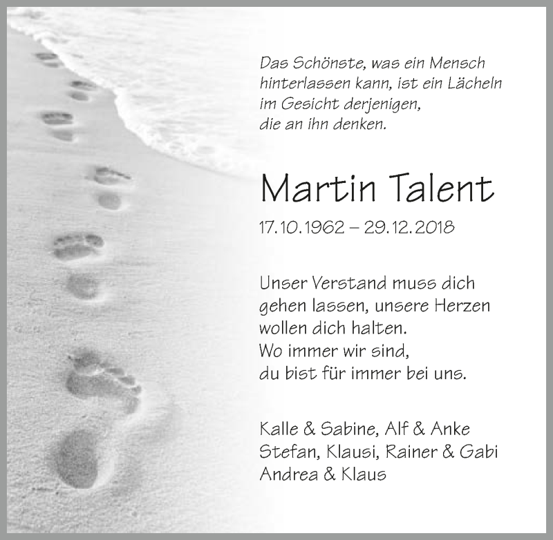  Traueranzeige für Martin Talent vom 05.01.2019 aus 