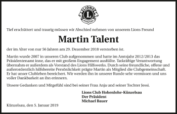 Traueranzeige von Martin Talent 