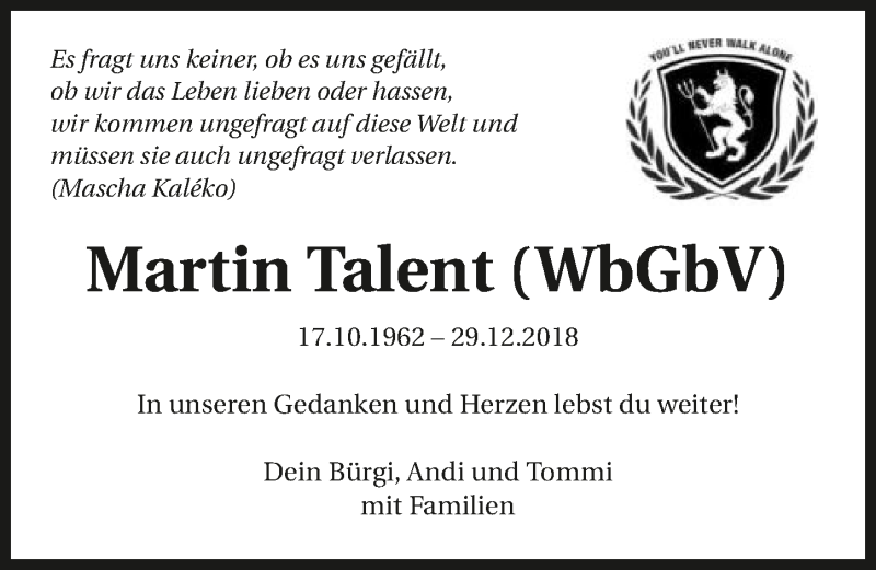  Traueranzeige für Martin Talent vom 12.01.2019 aus 