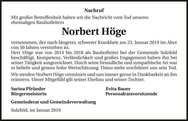  Traueranzeige für Norbert Höge vom 30.01.2019 aus 