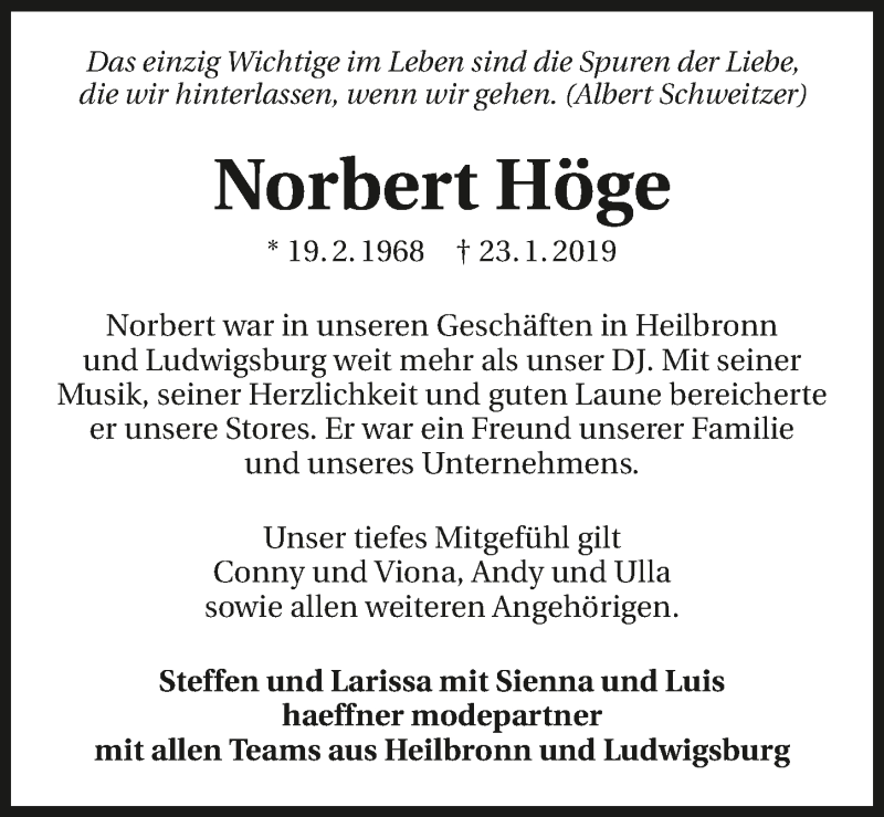  Traueranzeige für Norbert Höge vom 26.01.2019 aus 