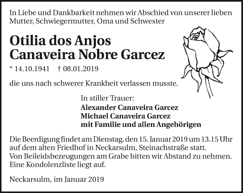  Traueranzeige für Otilia dos Anjos Canaveira Nobre Garcez vom 11.01.2019 aus 
