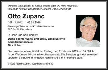 Traueranzeige von Otto Zupanc 
