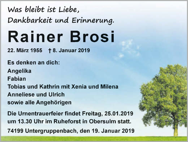  Traueranzeige für Rainer Brosi vom 19.01.2019 aus 