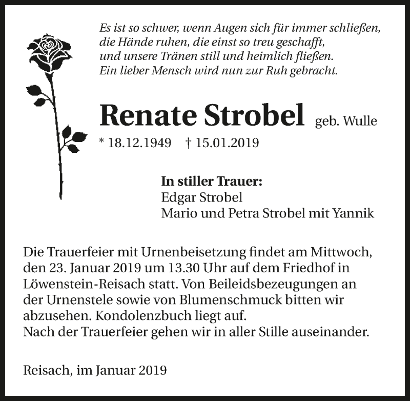  Traueranzeige für Renate Strobel vom 19.01.2019 aus 
