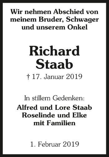 Traueranzeige von Richard Staab 