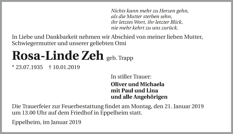  Traueranzeige für Rosa-Linde Zeh vom 12.01.2019 aus 