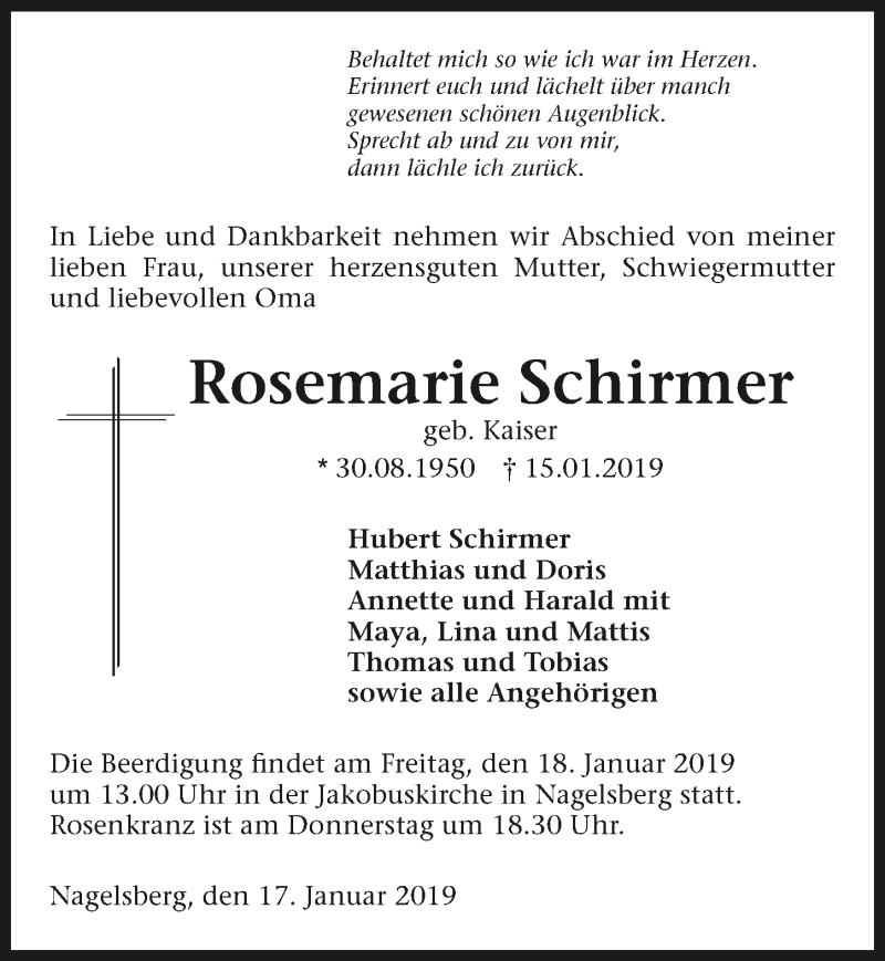  Traueranzeige für Rosemarie Schirmer vom 17.01.2019 aus 